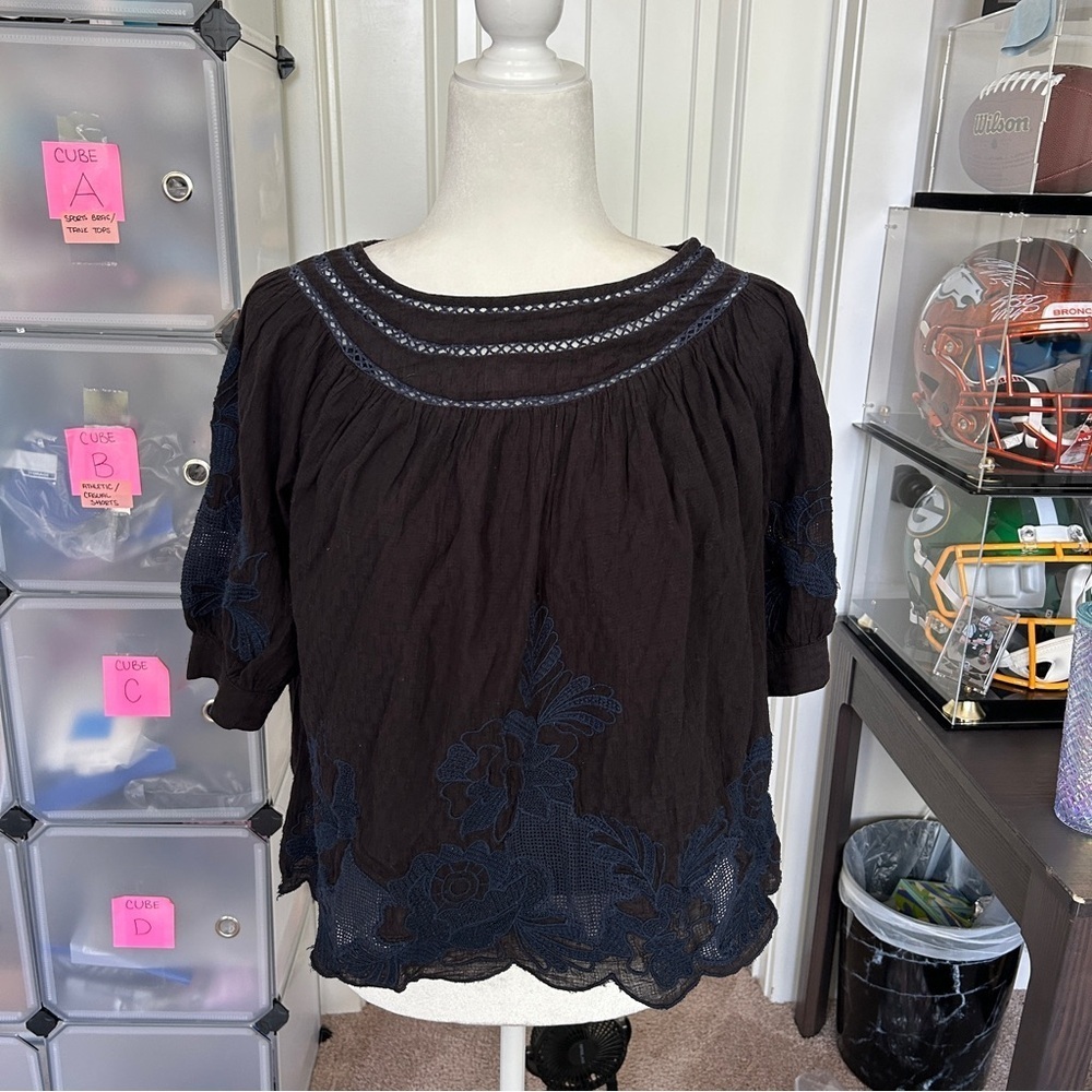 Anthropologie Black Navy Salma Embroidered Lined Peasant Blouse Size 0 - Picture 7 of 12